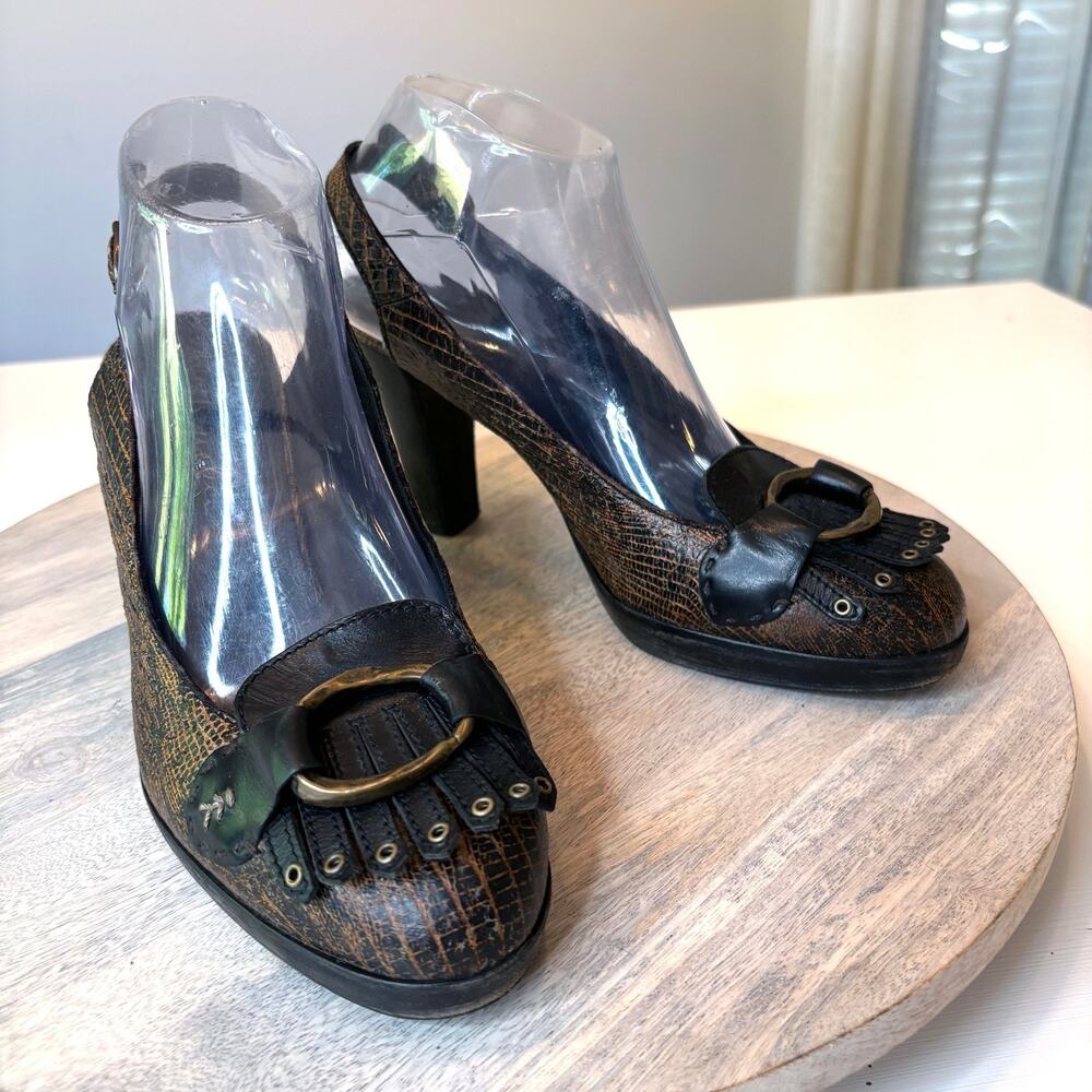Henry Beguelin Slingback Fringe Heels Brown Crackle Leather Italy Size 9.5 Boho